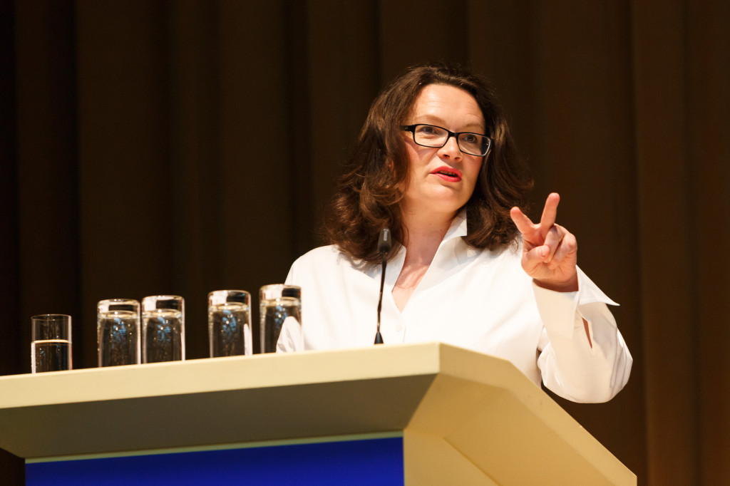 Andrea Nahles spricht auf der aba-Jahrestagung im Mai 2015 in Berlin. Foto: aba