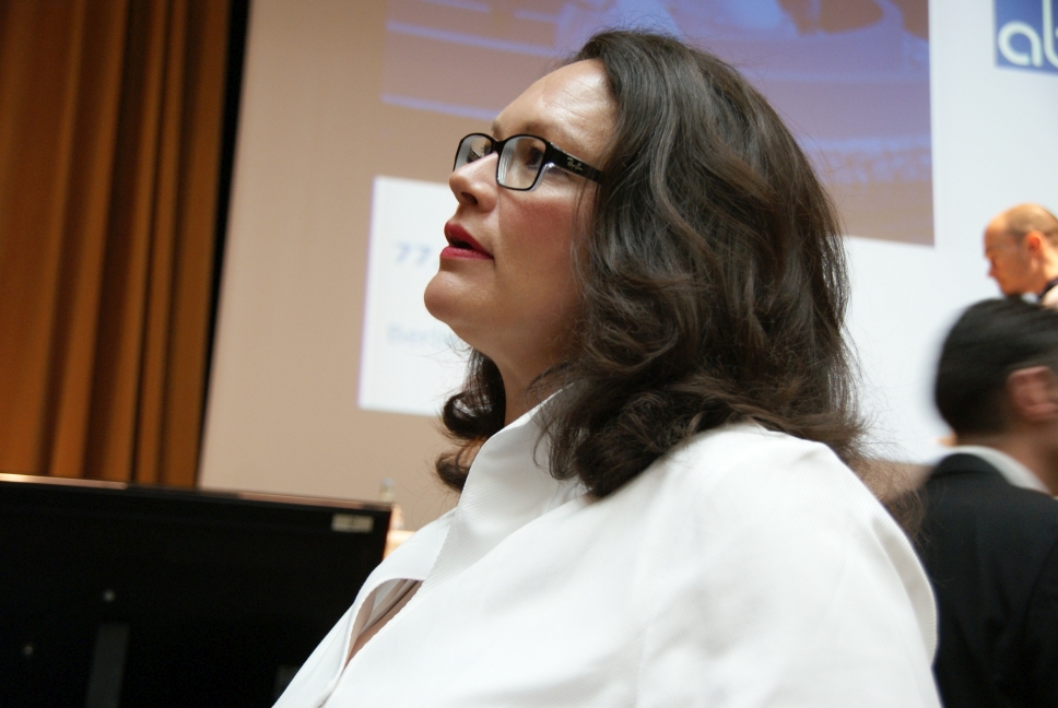 Andrea Nahles vor ihrer Rede auf der aba-Jahrestagung im Mai 2015 in Berlin. Foto: Brüss